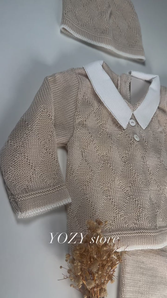 Detail tissu du trousseau naissance 3 pièces beige mixte succès garanti 