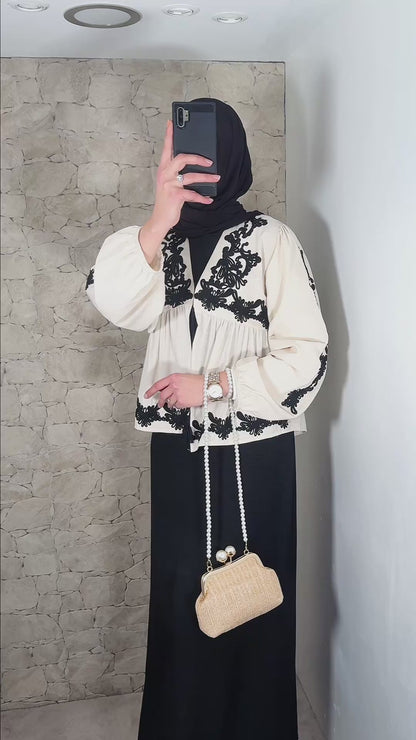 [Haut de gamme]  Gilet manche ballon brodé - noir ou crème