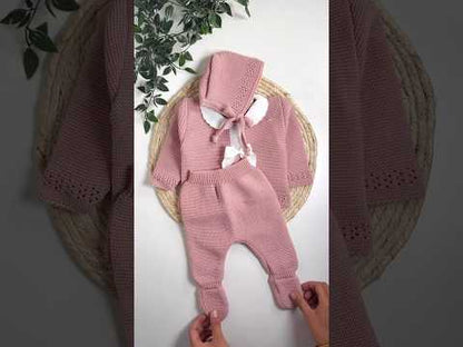 Ensemble naissance en maille 3 pièces (0-3 mois) – Rose