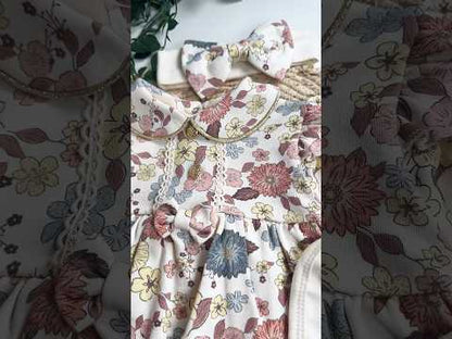 [Gamme Premium] Ensemble naissance fille 5 pièces – Beige fleuri & doré, coton bio (0-3 mois)