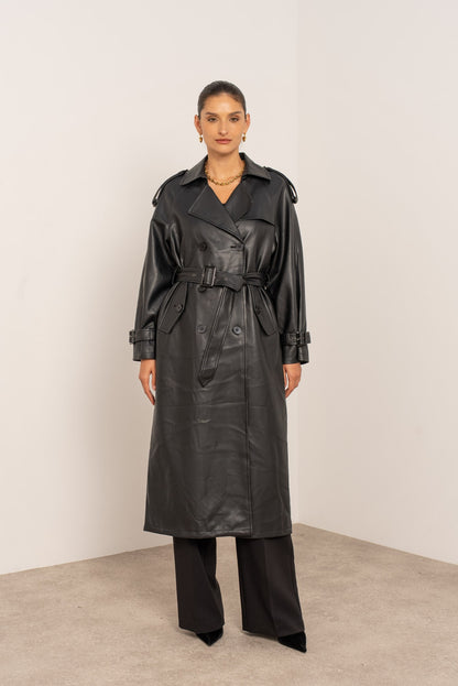 [Haut de gamme]  Veste trench long en cuir vegan