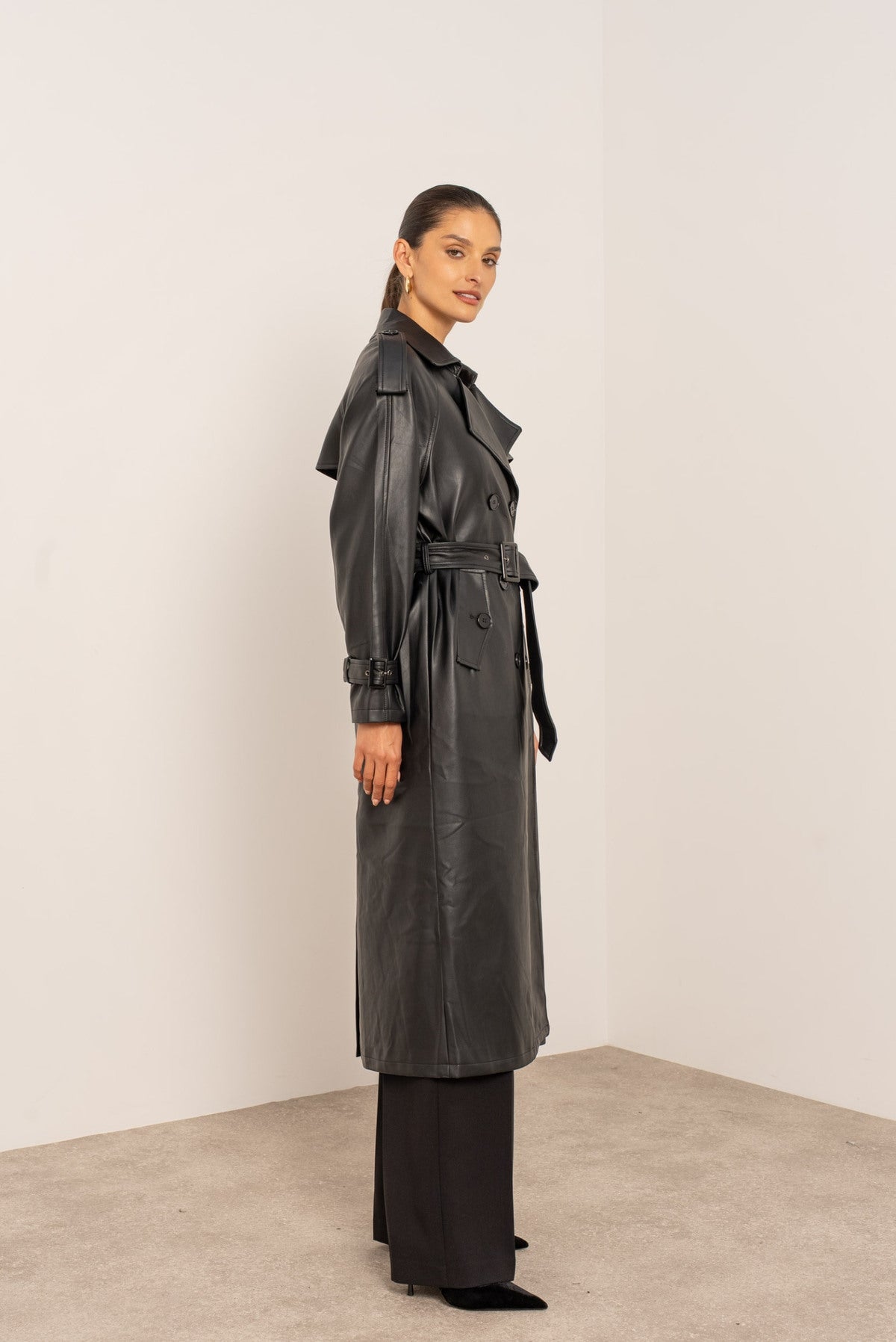 [Haut de gamme]  Veste trench long en cuir vegan