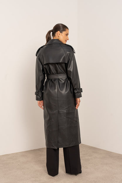 [Haut de gamme]  Veste trench long en cuir vegan