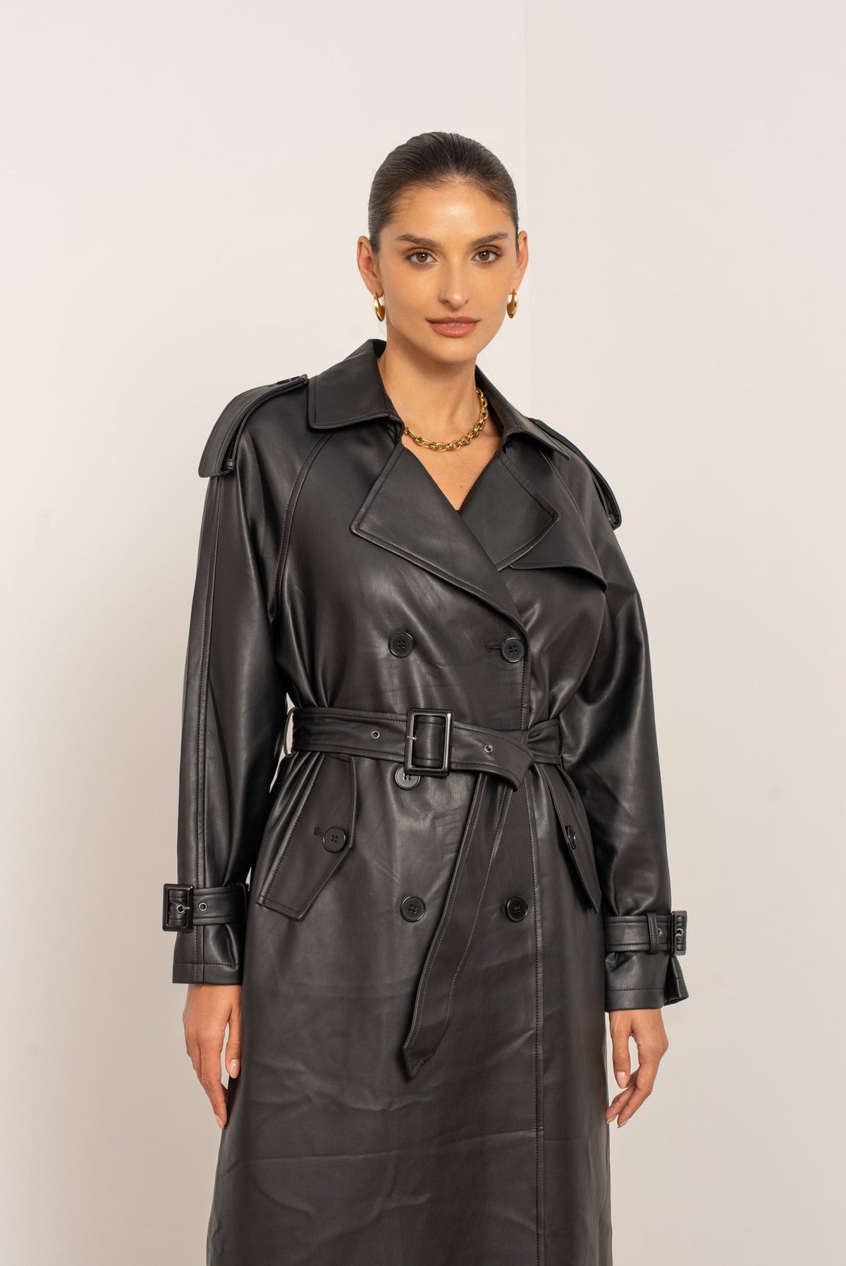 [Haut de gamme]  Veste trench long en cuir vegan