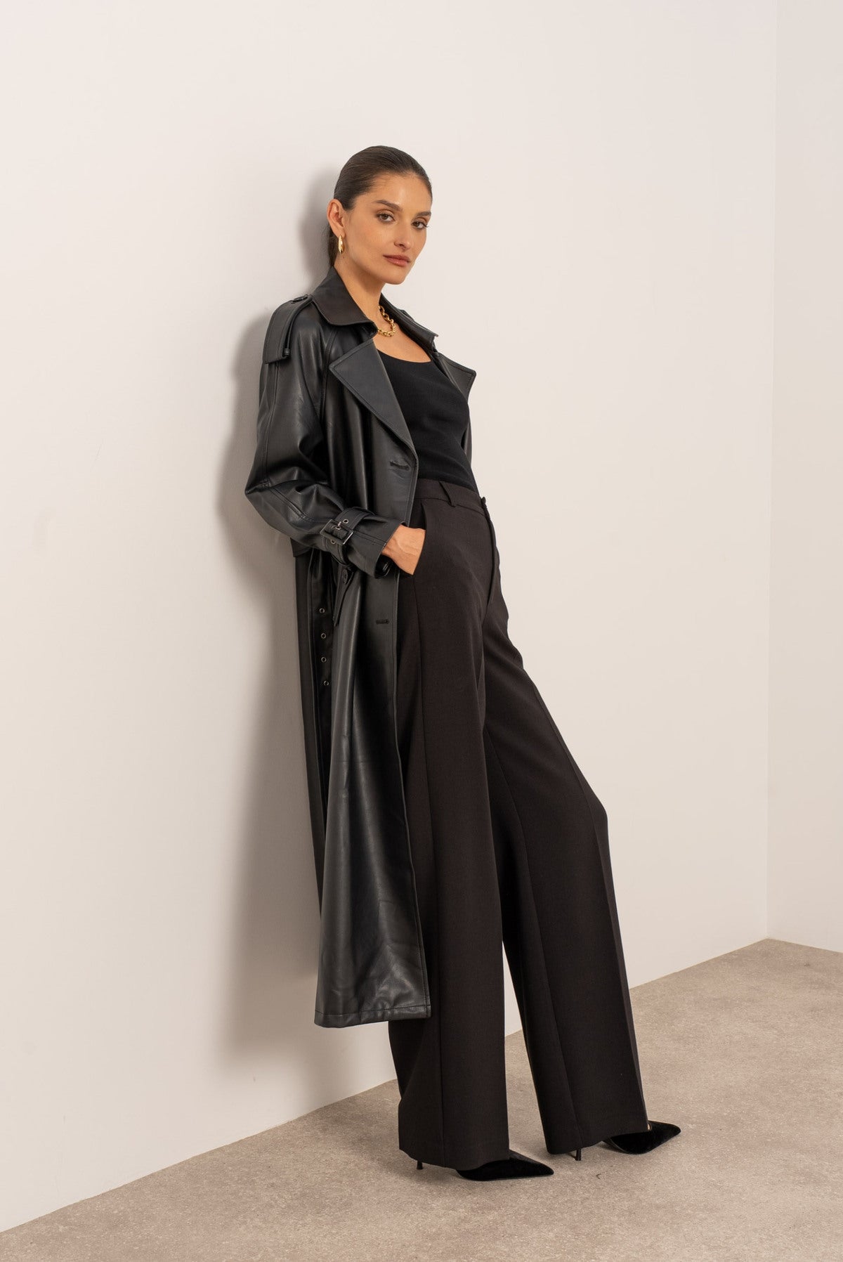 [Haut de gamme]  Veste trench long en cuir vegan